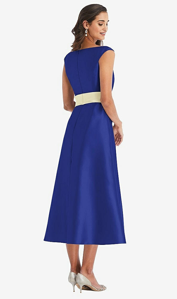 Back View - Cobalt Blue & Butter Yellow Off-the-Shoulder Draped Wrap Satin Midi Dress with Pockets