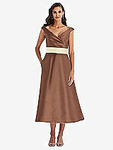 Front View Thumbnail - Cognac & Butter Yellow Off-the-Shoulder Draped Wrap Satin Midi Dress with Pockets