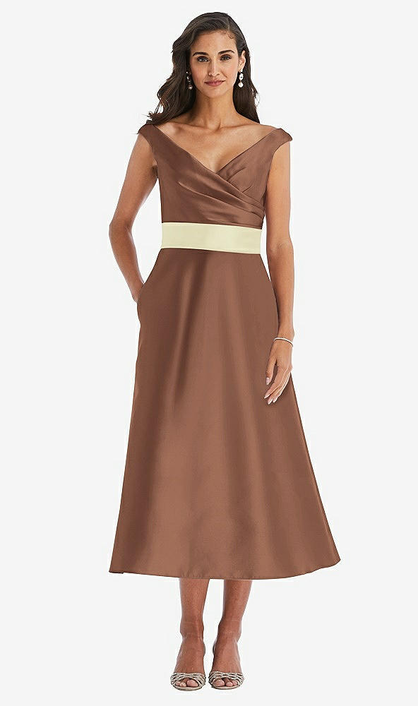 Front View - Cognac & Butter Yellow Off-the-Shoulder Draped Wrap Satin Midi Dress with Pockets
