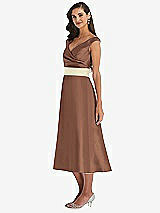 Side View Thumbnail - Cognac & Butter Yellow Off-the-Shoulder Draped Wrap Satin Midi Dress with Pockets