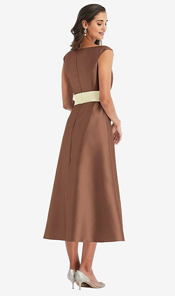Back View - Cognac & Butter Yellow Off-the-Shoulder Draped Wrap Satin Midi Dress with Pockets