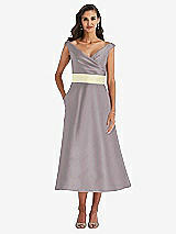 Front View Thumbnail - Cashmere Gray & Butter Yellow Off-the-Shoulder Draped Wrap Satin Midi Dress with Pockets