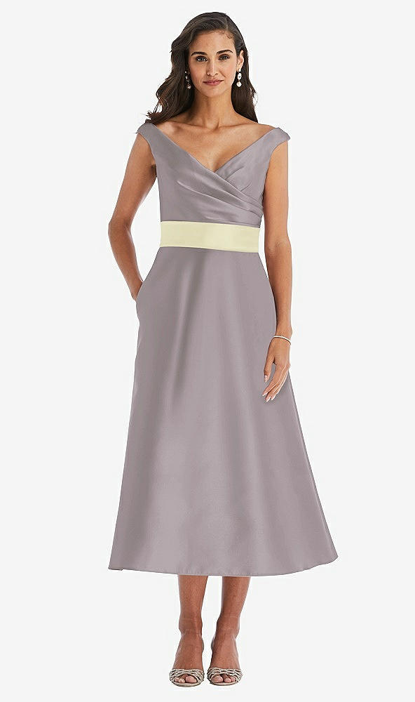 Front View - Cashmere Gray & Butter Yellow Off-the-Shoulder Draped Wrap Satin Midi Dress with Pockets