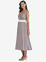 Side View Thumbnail - Cashmere Gray & Butter Yellow Off-the-Shoulder Draped Wrap Satin Midi Dress with Pockets