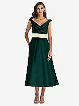 Front View Thumbnail - Evergreen & Butter Yellow Off-the-Shoulder Draped Wrap Satin Midi Dress with Pockets