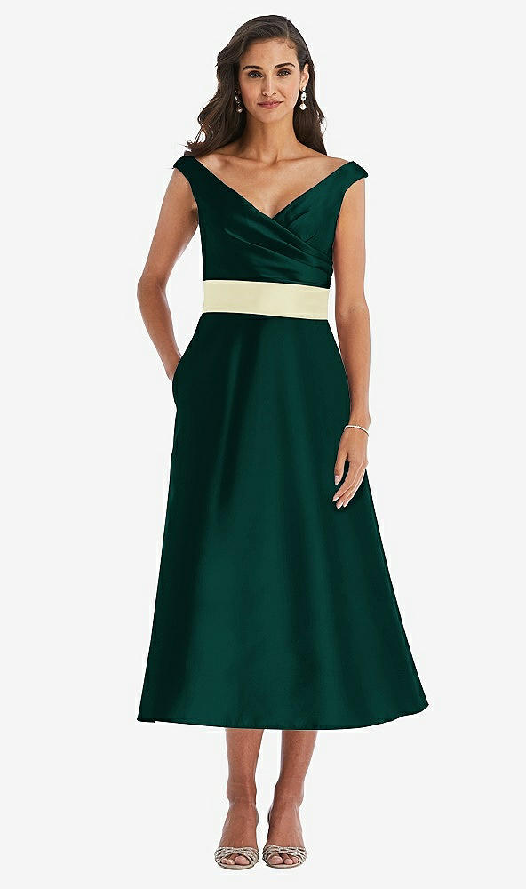 Front View - Evergreen & Butter Yellow Off-the-Shoulder Draped Wrap Satin Midi Dress with Pockets
