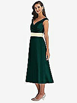 Side View Thumbnail - Evergreen & Butter Yellow Off-the-Shoulder Draped Wrap Satin Midi Dress with Pockets