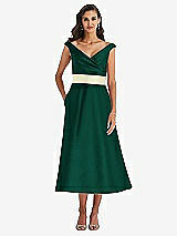 Front View Thumbnail - Hunter Green & Butter Yellow Off-the-Shoulder Draped Wrap Satin Midi Dress with Pockets