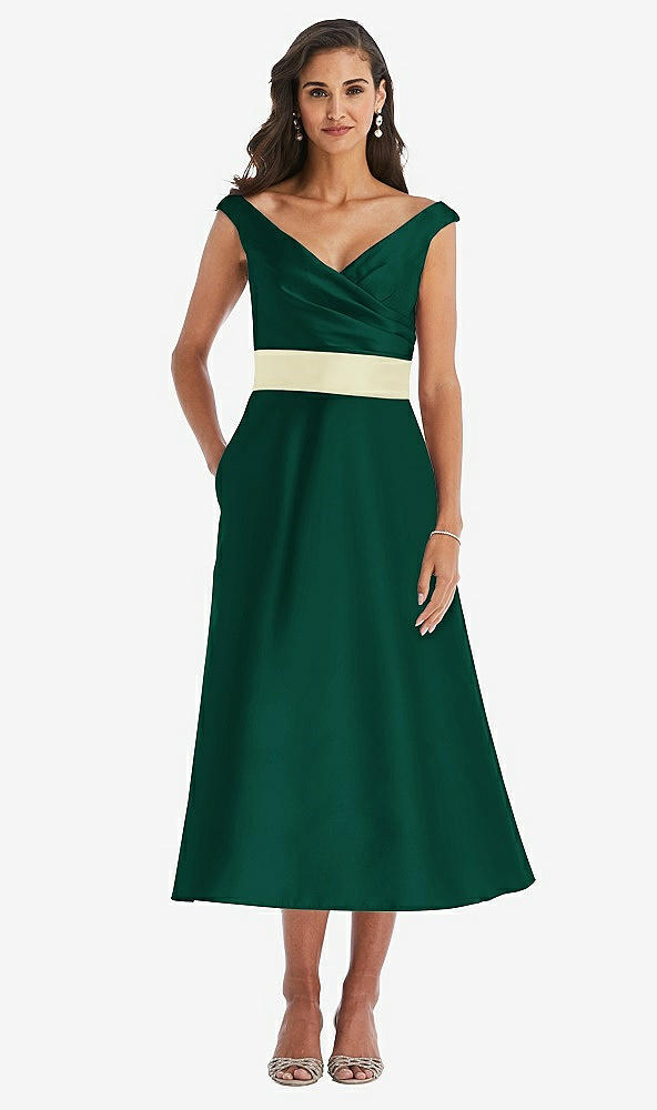 Front View - Hunter Green & Butter Yellow Off-the-Shoulder Draped Wrap Satin Midi Dress with Pockets