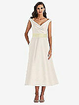 Front View Thumbnail - Ivory & Butter Yellow Off-the-Shoulder Draped Wrap Satin Midi Dress with Pockets