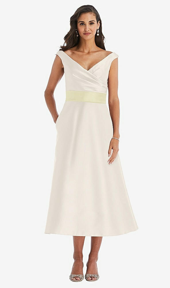 Front View - Ivory & Butter Yellow Off-the-Shoulder Draped Wrap Satin Midi Dress with Pockets