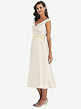 Side View Thumbnail - Ivory & Butter Yellow Off-the-Shoulder Draped Wrap Satin Midi Dress with Pockets