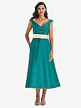Front View Thumbnail - Jade & Butter Yellow Off-the-Shoulder Draped Wrap Satin Midi Dress with Pockets