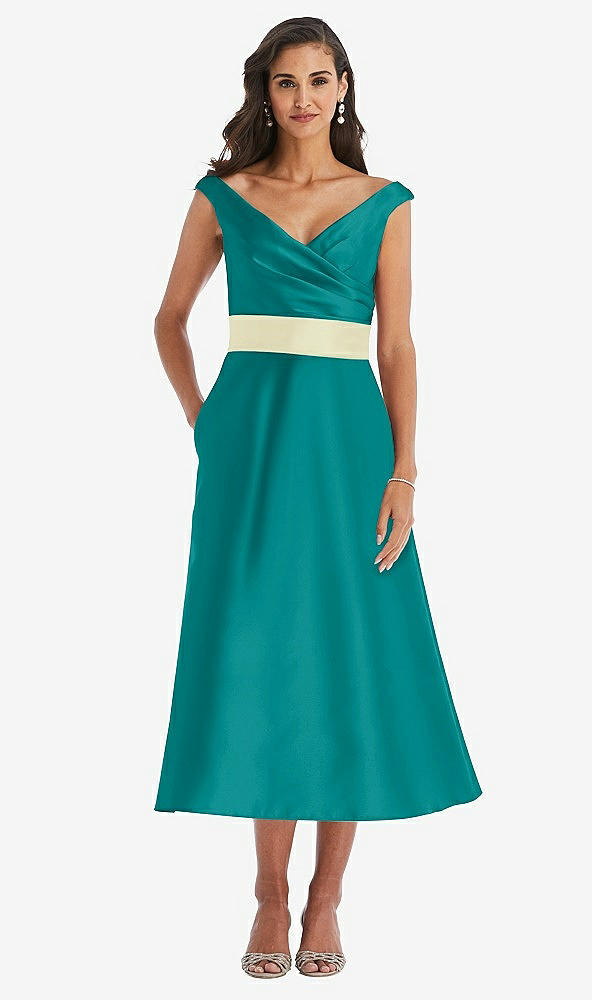 Front View - Jade & Butter Yellow Off-the-Shoulder Draped Wrap Satin Midi Dress with Pockets
