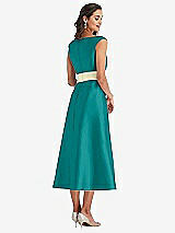 Rear View Thumbnail - Jade & Butter Yellow Off-the-Shoulder Draped Wrap Satin Midi Dress with Pockets