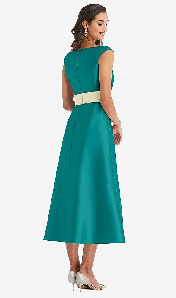 Back View - Jade & Butter Yellow Off-the-Shoulder Draped Wrap Satin Midi Dress with Pockets