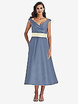 Front View Thumbnail - Larkspur Blue & Butter Yellow Off-the-Shoulder Draped Wrap Satin Midi Dress with Pockets
