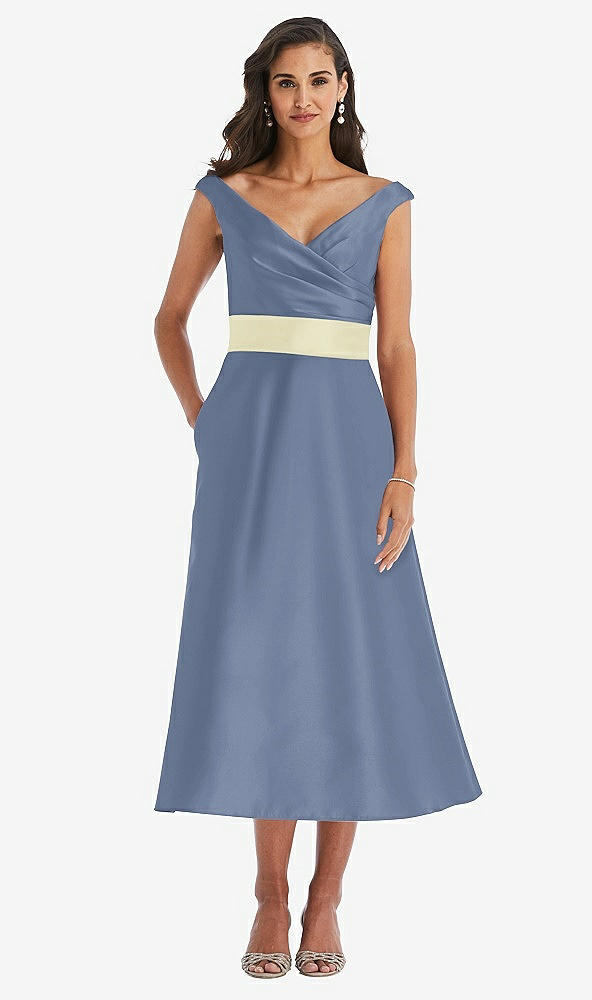 Front View - Larkspur Blue & Butter Yellow Off-the-Shoulder Draped Wrap Satin Midi Dress with Pockets
