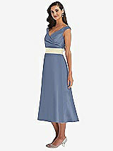 Side View Thumbnail - Larkspur Blue & Butter Yellow Off-the-Shoulder Draped Wrap Satin Midi Dress with Pockets