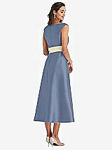 Rear View Thumbnail - Larkspur Blue & Butter Yellow Off-the-Shoulder Draped Wrap Satin Midi Dress with Pockets