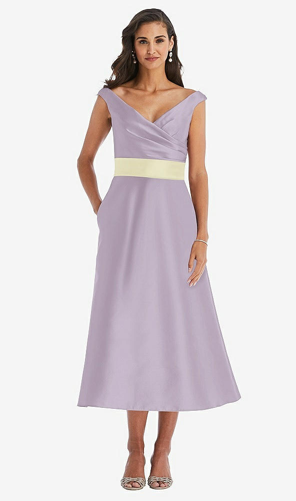 Front View - Lilac Haze & Butter Yellow Off-the-Shoulder Draped Wrap Satin Midi Dress with Pockets