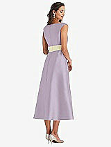 Rear View Thumbnail - Lilac Haze & Butter Yellow Off-the-Shoulder Draped Wrap Satin Midi Dress with Pockets