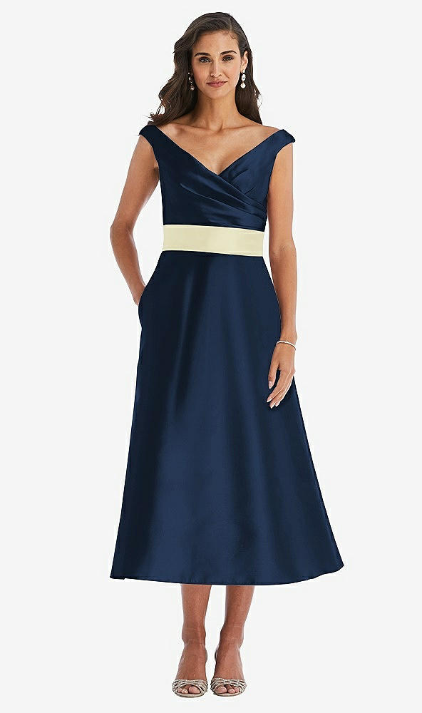 Front View - Midnight Navy & Butter Yellow Off-the-Shoulder Draped Wrap Satin Midi Dress with Pockets