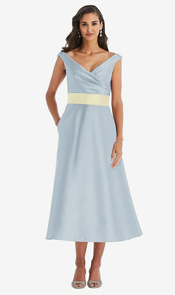Front View - Mist & Butter Yellow Off-the-Shoulder Draped Wrap Satin Midi Dress with Pockets