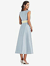 Rear View Thumbnail - Mist & Butter Yellow Off-the-Shoulder Draped Wrap Satin Midi Dress with Pockets