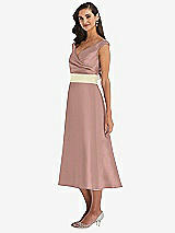 Side View Thumbnail - Neu Nude & Butter Yellow Off-the-Shoulder Draped Wrap Satin Midi Dress with Pockets