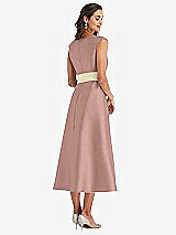 Rear View Thumbnail - Neu Nude & Butter Yellow Off-the-Shoulder Draped Wrap Satin Midi Dress with Pockets