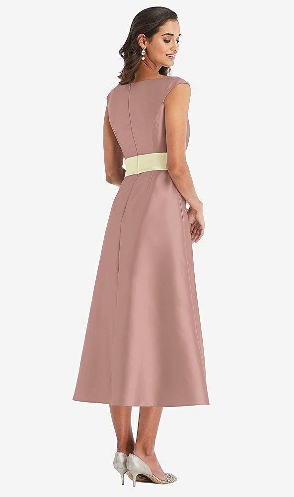 Back View - Neu Nude & Butter Yellow Off-the-Shoulder Draped Wrap Satin Midi Dress with Pockets