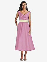 Front View Thumbnail - Powder Pink & Butter Yellow Off-the-Shoulder Draped Wrap Satin Midi Dress with Pockets
