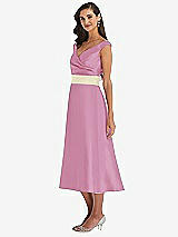 Side View Thumbnail - Powder Pink & Butter Yellow Off-the-Shoulder Draped Wrap Satin Midi Dress with Pockets