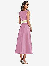 Rear View Thumbnail - Powder Pink & Butter Yellow Off-the-Shoulder Draped Wrap Satin Midi Dress with Pockets