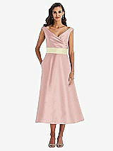 Front View Thumbnail - Rose & Butter Yellow Off-the-Shoulder Draped Wrap Satin Midi Dress with Pockets