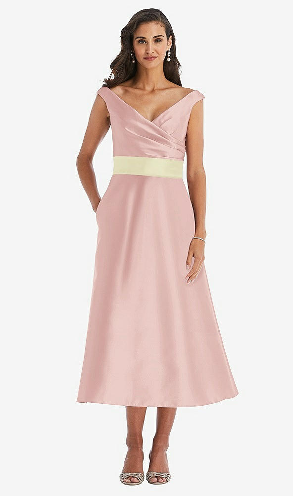 Front View - Rose & Butter Yellow Off-the-Shoulder Draped Wrap Satin Midi Dress with Pockets