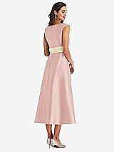 Rear View Thumbnail - Rose & Butter Yellow Off-the-Shoulder Draped Wrap Satin Midi Dress with Pockets