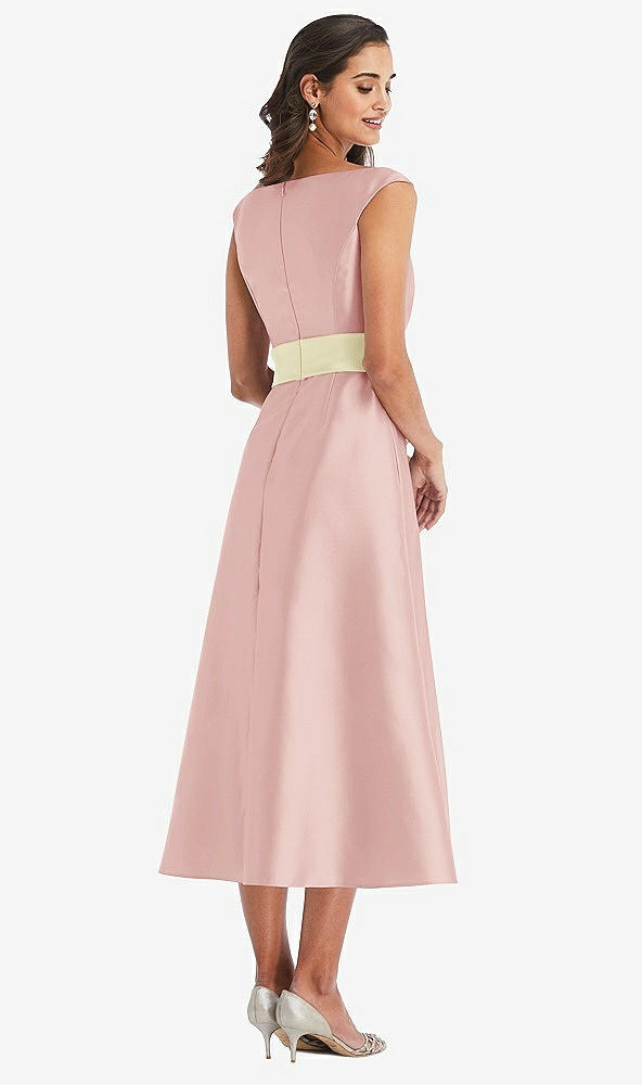 Back View - Rose & Butter Yellow Off-the-Shoulder Draped Wrap Satin Midi Dress with Pockets