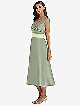 Side View Thumbnail - Sage & Butter Yellow Off-the-Shoulder Draped Wrap Satin Midi Dress with Pockets