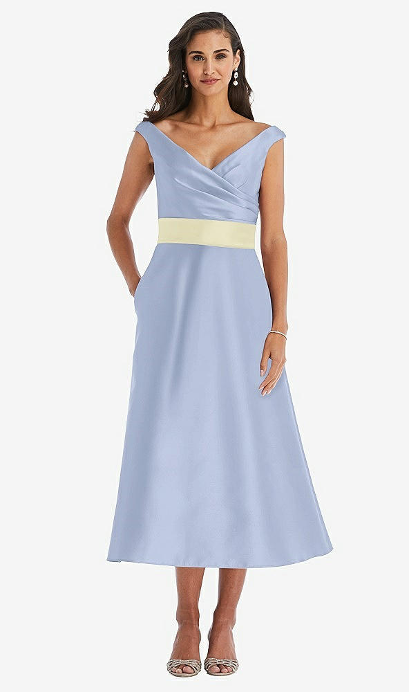 Front View - Sky Blue & Butter Yellow Off-the-Shoulder Draped Wrap Satin Midi Dress with Pockets