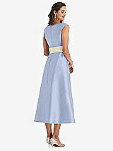 Rear View Thumbnail - Sky Blue & Butter Yellow Off-the-Shoulder Draped Wrap Satin Midi Dress with Pockets