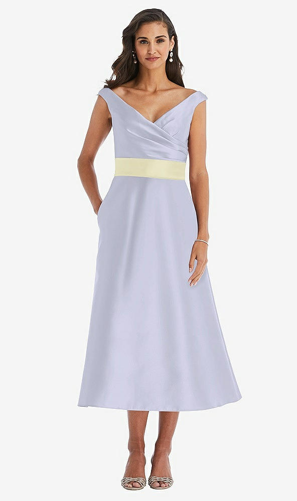 Front View - Silver Dove & Butter Yellow Off-the-Shoulder Draped Wrap Satin Midi Dress with Pockets