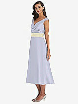 Side View Thumbnail - Silver Dove & Butter Yellow Off-the-Shoulder Draped Wrap Satin Midi Dress with Pockets