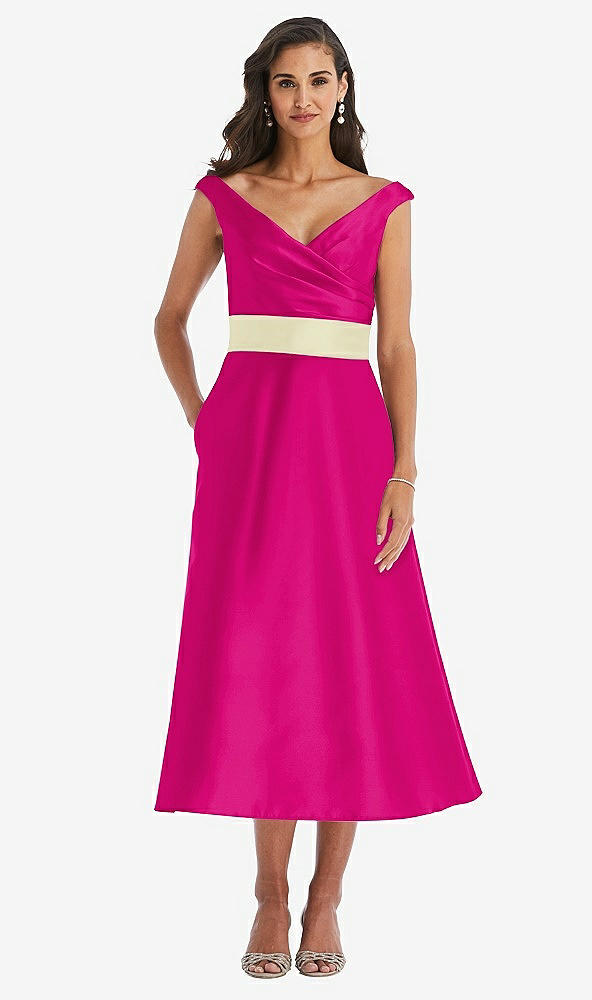 Front View - Think Pink & Butter Yellow Off-the-Shoulder Draped Wrap Satin Midi Dress with Pockets