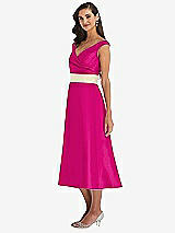 Side View Thumbnail - Think Pink & Butter Yellow Off-the-Shoulder Draped Wrap Satin Midi Dress with Pockets