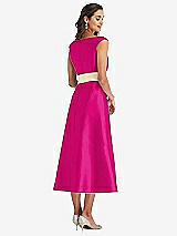Rear View Thumbnail - Think Pink & Butter Yellow Off-the-Shoulder Draped Wrap Satin Midi Dress with Pockets