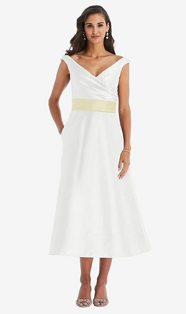 Front View - White & Butter Yellow Off-the-Shoulder Draped Wrap Satin Midi Dress with Pockets