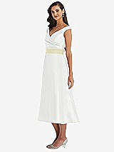 Side View Thumbnail - White & Butter Yellow Off-the-Shoulder Draped Wrap Satin Midi Dress with Pockets