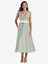Front View Thumbnail - Willow Green & Butter Yellow Off-the-Shoulder Draped Wrap Satin Midi Dress with Pockets